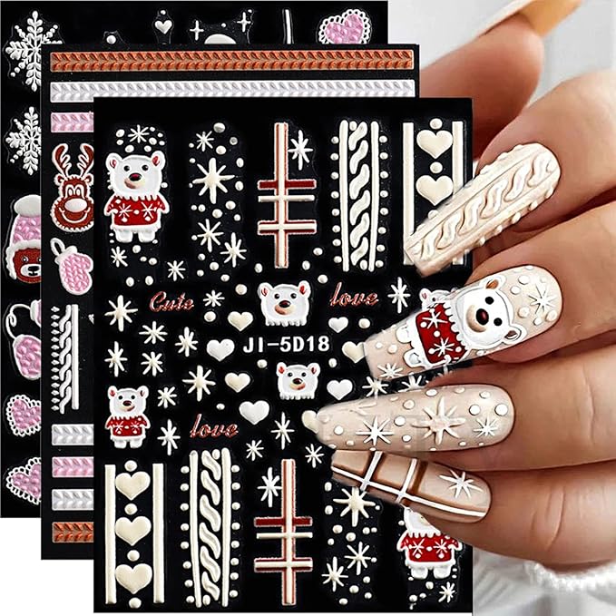 5D Christmas Nail Art Stickers Self-Adhesive Embossed Snowflake Nail Decals Bear Elk Xmas Tree Nail Design Christmas Party Nail Decoration Winter Nail Stickers for Women Girls DIY Nail Charms 3 Sheets