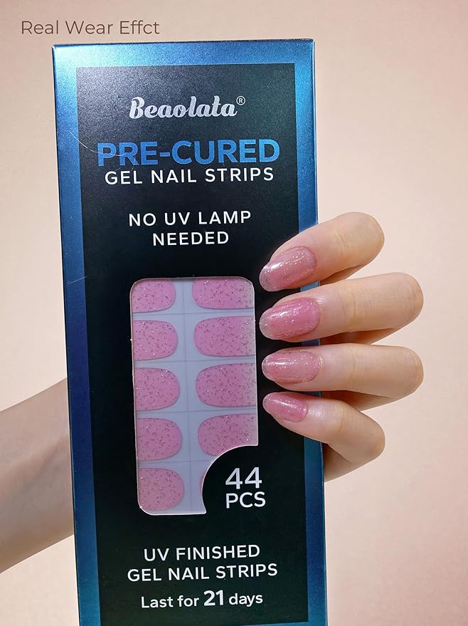 Pre Cured Gel Nail Strips - 44PCS Salon Quality Gel Nail Stickers - Long Lasting Polish Wraps for Women no UV Light Needed Easy Apply & Remove (PinkMuse)