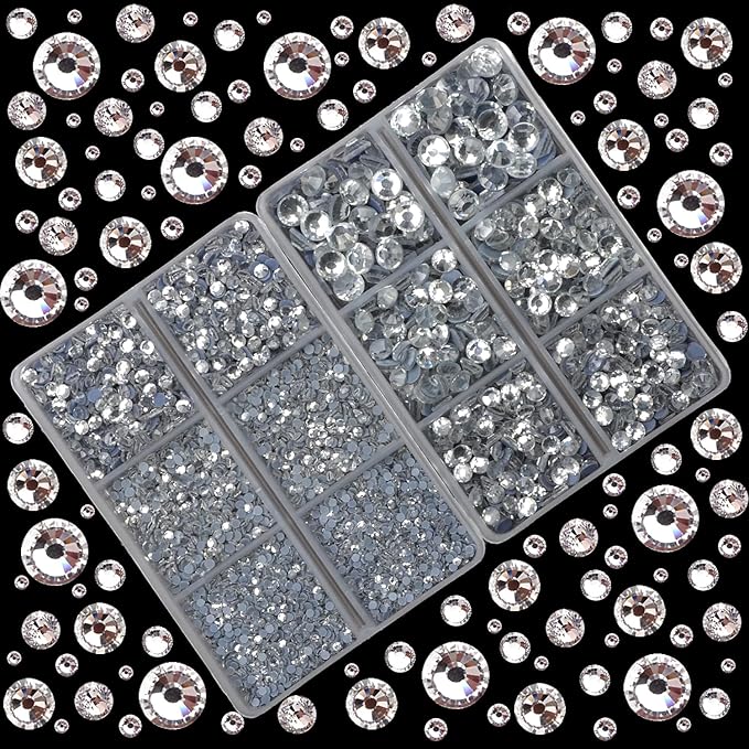 10000Pcs 2-Boxes Mixed Size Hot Fix Round Crystals Gems Glass Stones Hotfix Flat Back Rhinestones with Tweezers and Picking Pencil (Clear Crystal)
