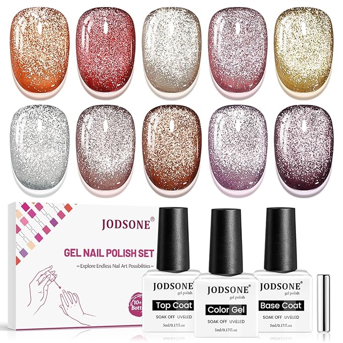 JODSONE Cat Eye Gel Nail Polish Set 10 Colors Red Purple Silver with Magnetic Base Coat Top Coat Magnetic Effect Sparkle Stunning Soak Off U V Manicure Gifts