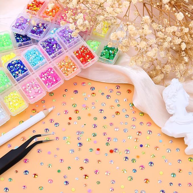 7500PCs 3MM 4MM 5MM Rainbow AB Series Resin Flat Back Rhinestones, Round Non Hotfix Jelly AB Resin Rhinestones Nail Gems Stones with Tweezer & Picker Pen for Nail Art Tumblers & DIY Crafts