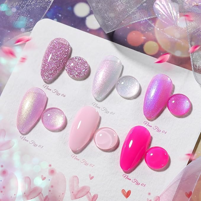 Born Pretty Pink Gel Nail Polish 6 Colors Shimmer Glitter Pearl Mermaid Hot Pink Purple Shades Gel Polish Kit Soak Off Gel Nail Kit Collection Nail Art Gel Manicure Kit DIY at Home Salon Gifts