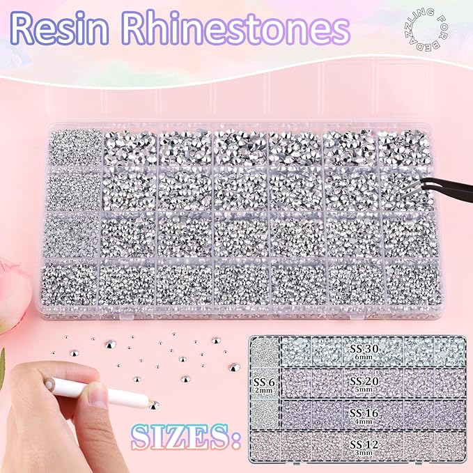 30000Pcs Resin Rhinestones for Bedazzling with B7000 Jewelry Glue, Silver Flatback Gems Rhinestones for Crafting, Clothing Tumblers Mugs Shoes Fabric Decor Nail Art