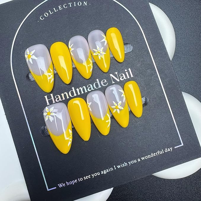 100% Handmade Press on Nails Medium Almond Handmade Nails with White Flower Daisy Design Yellow Fake Nails Glossy French Tip Nail Press ons Reusable Spring Summer Floral Nail for Women Size L 10Pcs