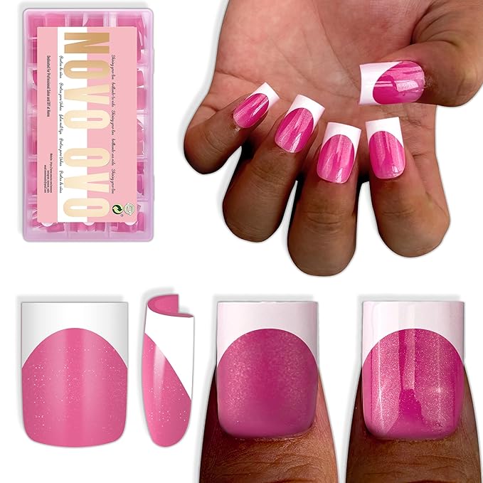 NOVO OVO Short Sharp Square White French Tip Nail Tips Press on ROSE PINK, Need Builder Gel Top Coat Nail Glue, Soft Gel Fake Nail Extension, Full Cover False Nails for Salon DIY x 15 Sizes 240 pcs