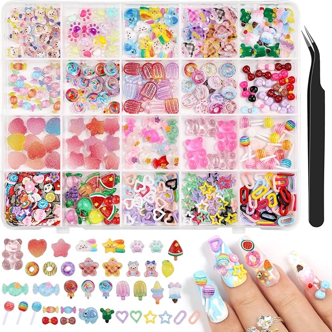 400PCS Kawaii Nail Art Kit with 100 Soft Clay Slices 300 3D Resin Candy Fruit Donut Star Charms for Acrylic Nails Supplies with Tweezers for DIY Crafts Slime and Shoe Decor