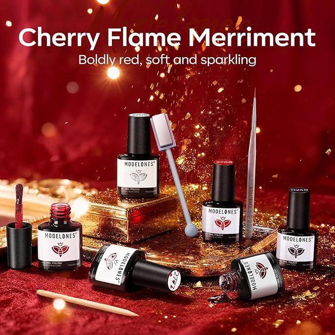 modelones Red Gel Nail Polish Set, 6 Colors 2026 Burgundy Bloody Wine Dark Red Jelly Pearl Glitter Gel Polish Silver Cat Eye Nail Polish with Liner Pen& Magnet& Wooden Stick LED Gift