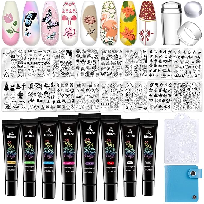 Biutee Nail Stamper Kit 16Pcs Nail Art Stamping Plate 8 Colors Stamp Polish Gel Silicone Stamper Scraper with Storage Bag, Nail Stamp Plates Love Flower Butterfly Leaf Template Holiday Design Gift