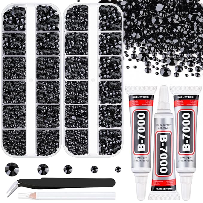 Resin Rhinestones for Crafting with B7000 Jewelry Glue, 2 Boxes Black Flatback Crystals with 3Pcs 10ml Glue for Bedazzling Crafts DIY Nail Art Makeup，Non Hotfix Gems for Clothing Shoes