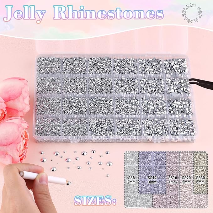 25000Pcs Resin Rhinestones with B7000 Jewelry Glue for Crafting, Silver 2-6mm Non Hotfix Flatback Gems, Bedazzling Crystal for DIY Crafts Clothing Tumblers Mugs Shoes Fabric Decor Nail Art