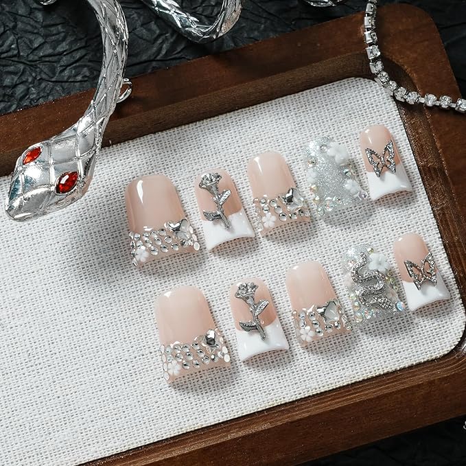 Handmade Press on Nails Short Duck White French Tip Thick Acrylic Fake Nails 3D Floral Metallic Rose Butterflies Luxury Rhinestone Design (Silver Ash Butterfly Sheen,S)