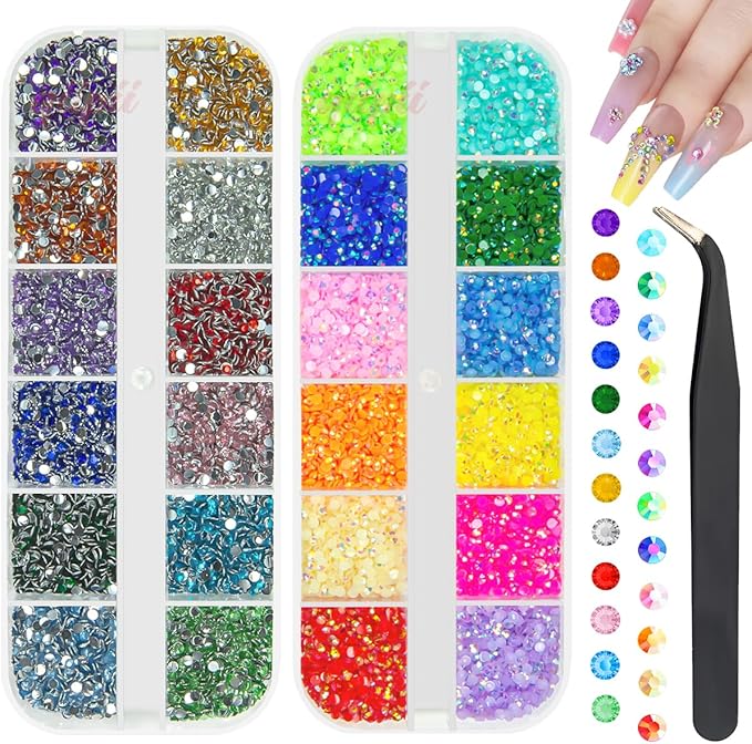 24 Color 2mm Small Resin Rhinestones for Bedazzling Crafting SS6 Tiny Flatback Stones Colorful AB Jelly Craystal Gems Diamonds Charms for Nails Eyes Face Makeup Tumblers Bottles Crafts Shoes