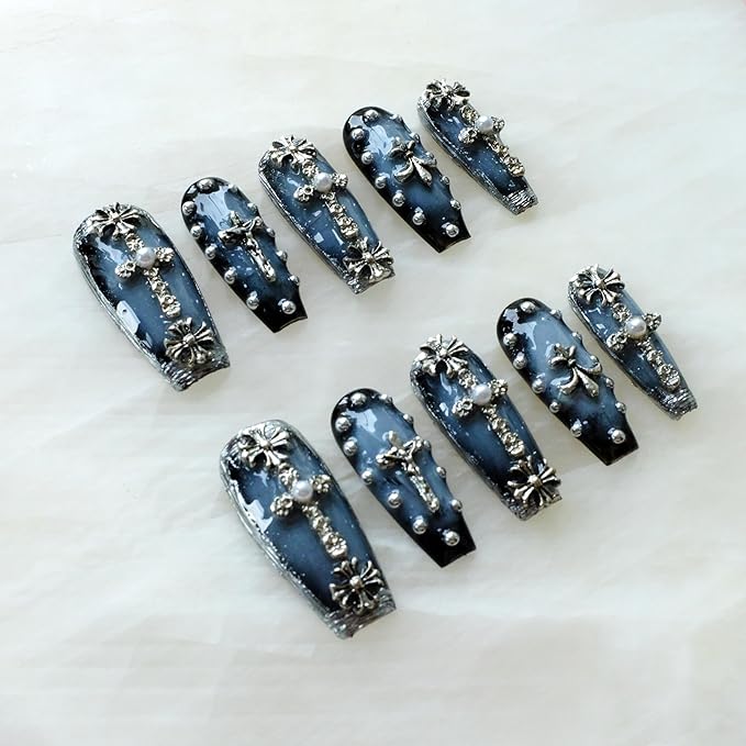 Gothic Press-On Nails, Long Ballerina Shape, Blue with Chrome and Pearl Accents, Handmade False Nail 10 Pieces (Small, LS)