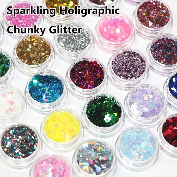Holographic Chunky & Fine Glitter Mix (24 Colors) – Multi-Shapes Iridescent Sequins for Resin Art, Nail Art, Face Body Hair, Slime Tumbler, DIY Crafts, Party Christmas Decorations
