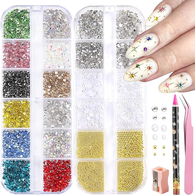 Nail Gems and Rhinestones Kit, White Nail Pearls Flatback Rhinestones Bedazzling Diamond Rainbow Crystal Jewels,Gold Beads for Nails, Nail Art Accessories Decoration with Picker Tools