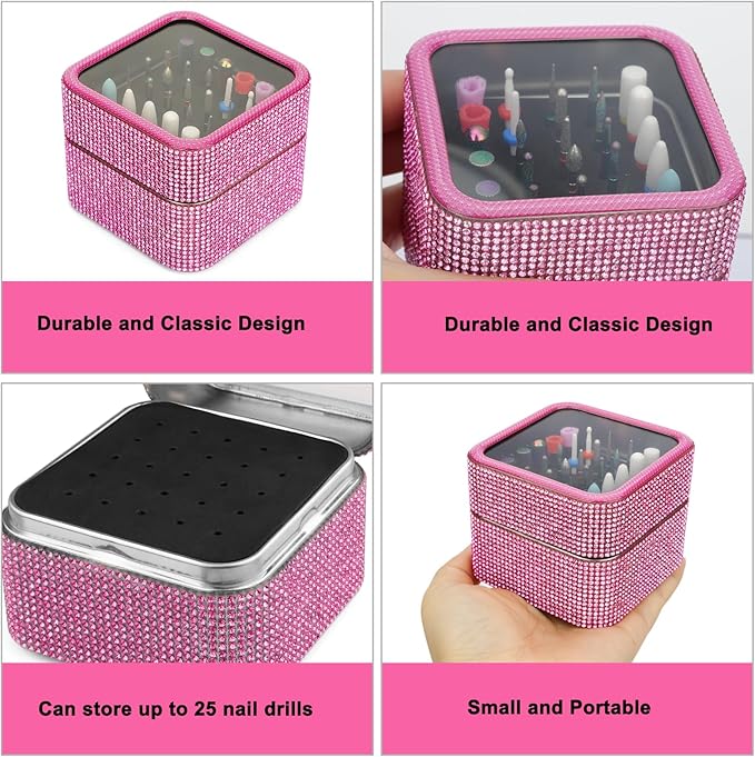 Nail Drill Bits Holder Rhinestone Case Box- 25 Holes Dustproof Portable Storage Box Efile Nail Bits Displayer Organizer Container for Manicure Tools