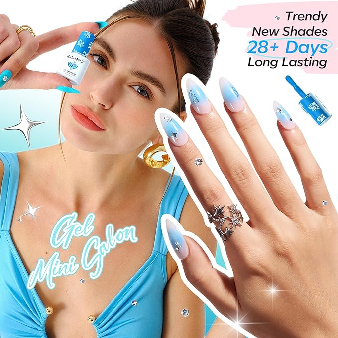 modelones Gel Nail Polish Kit White French Jelly Pink Winter Blue Ocean Gel Polish Set with 10 Pcs Nails Sponge for Ombre & Stickers, 4 Colors Gel Mini Salon Home DIY Trend Manicure Gift for Women