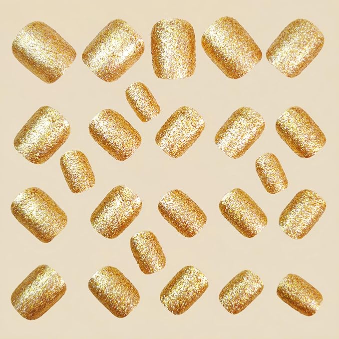 Gold Glitter Press on Nails Short Round Fake Nails Solid Gold Designs False Nails Shiny Golds Full Cover Glossy Reusable acrylic Stick on Nails for Women Girls Light Luxury Manicure Decoration 24Pcs