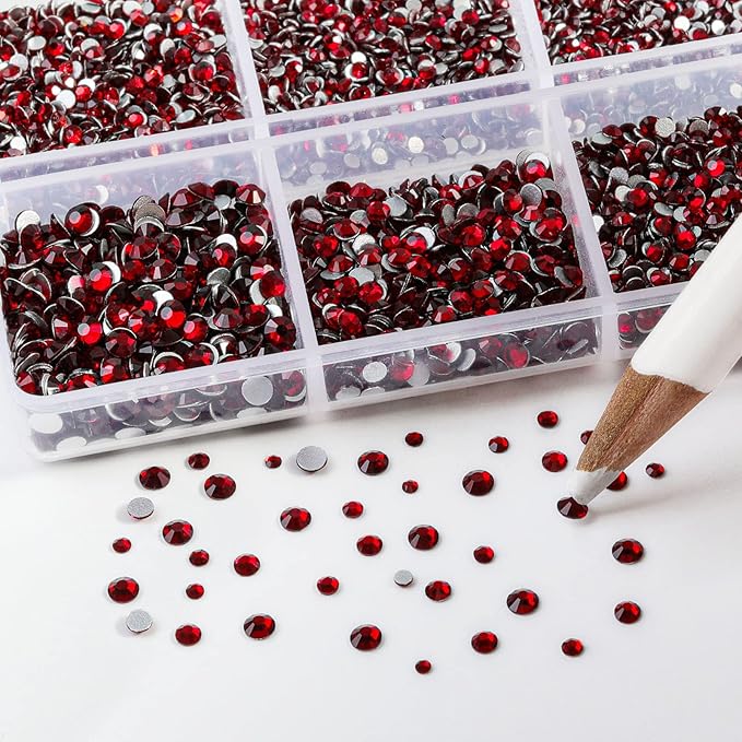 Beadsland 7200pcs Flatback Rhinestones,Dark Red Rhinestone Nail Gems Round Crystal Rhinestones for Crafts,Mixed 6 Sizes with Wax Pencil Kit, SS3-SS10,Dark Siam