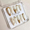 Luxury Handmade Press On Nails, Gold French Tip Long Almond Fake Nails for Women,Minimalist Metallic False Nails, Reusable Salon Quality Multilayer Gel Acrylic Fake Nails.