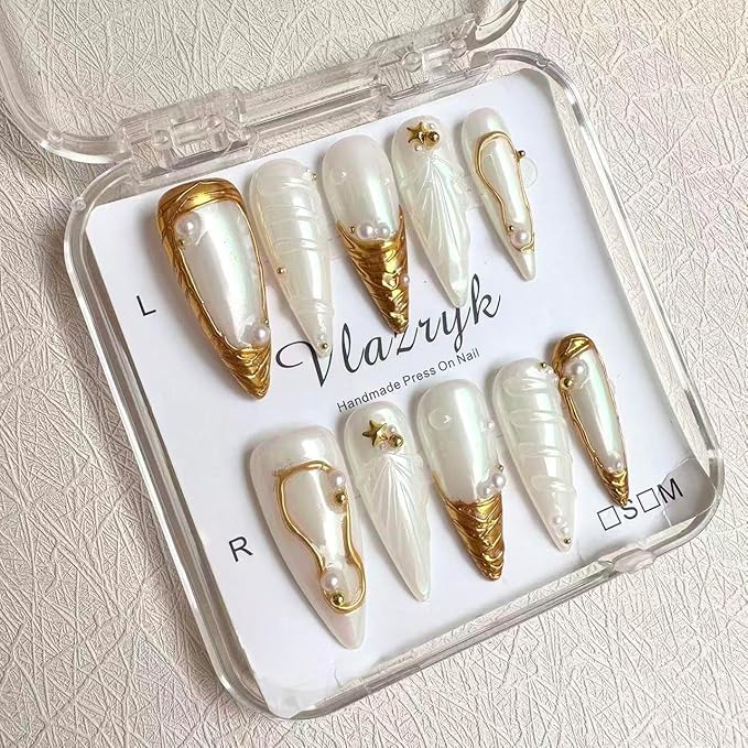 Luxury Handmade Press On Nails, Gold French Tip Long Almond Fake Nails for Women,Minimalist Metallic False Nails, Reusable Salon Quality Multilayer Gel Acrylic Fake Nails.