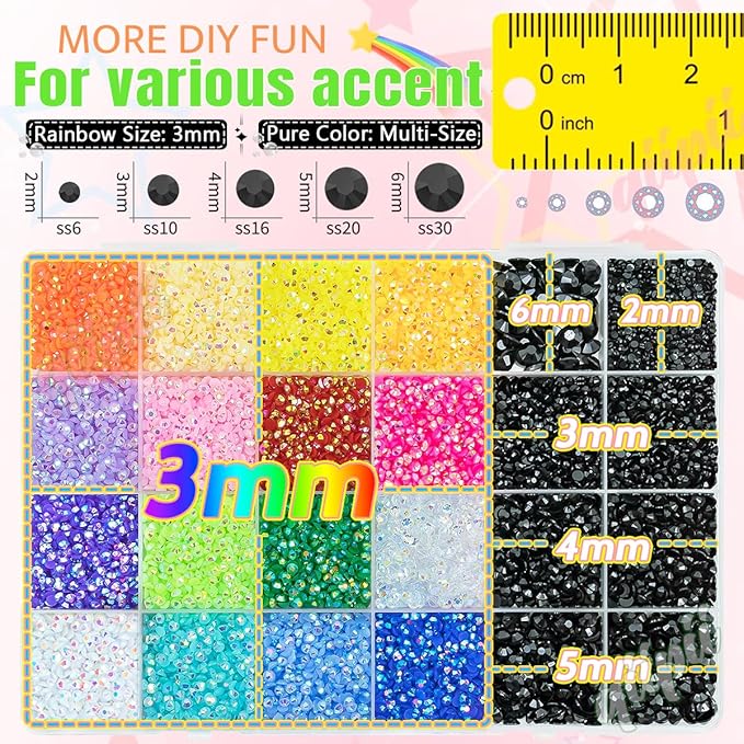 2mm-6mm Pure Black Resin Rhinestones Bedazzler Kit w B7000 Glue for Crafting Bedazzling Flatback Colorful Jelly Stones Diamonds Gems for Nails Face Eyes Makeup Tumblers Bottles Shoes DIY Crafts