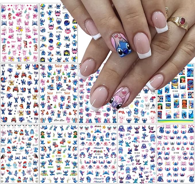 Nail Art Stickers Cute Cartoon Nail Decals 3D Self Adhesive Nails Art Supplies Cartoon DIY Nail Designs Sticker Luxury Designer Nails Stickers for Women Decorations 12 Sheets