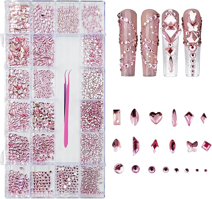 Rhinestones for Nails, 6080Pcs Pink Nail Art Rhinestones Kit, 3D Flatback Crystals Diamonds for Nail Art Design, Mix Sizes Nail Charms and Gems(Tweezers Included)