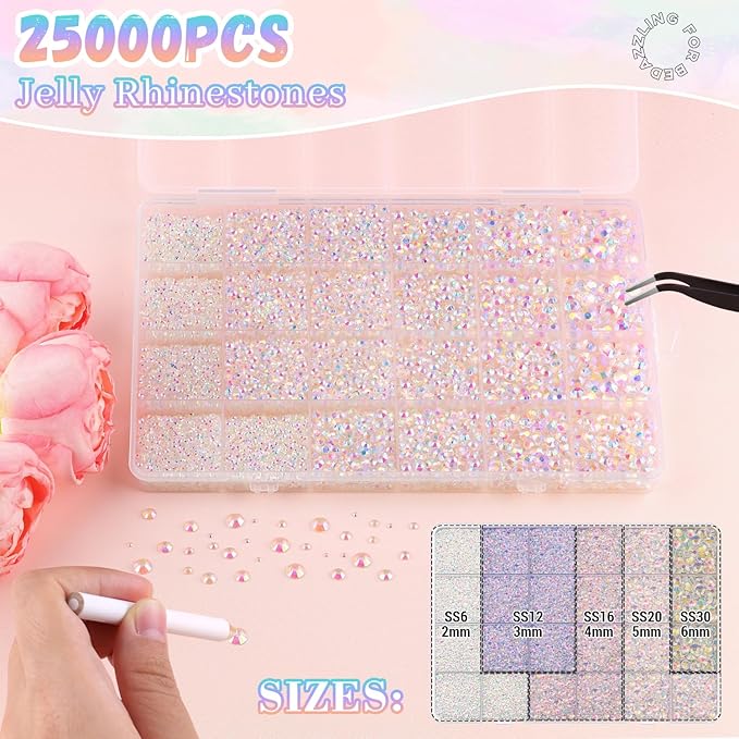 25000Pcs Transparent AB Rhinestones for Bedazzling with B7000 Jewelry Glue, Non Hotfix Flatback Gems, Crystal Resin Rhinestones for Crafting Crafts Clothing Tumblers Mugs Shoes Fabric Decor Nail Art