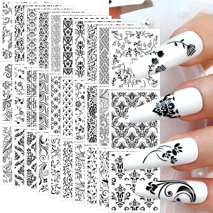 30 Sheets Black Nail Art Stickers Decals 3D Self-Adhesive Lace Nail Decals Retro Flower Designs Nail Supplies Summer Nail Decoration DIY Nails Accessories for Women