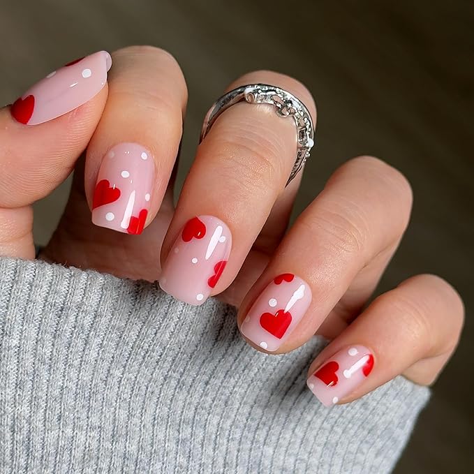 CurvLife Soft Gel Press On Nails Square, Heart Polka Long-Lasting Reusable Fake Nails Kit with Glue & Tabs, 30pcs Salon-Quality Stick On Nails for Women At-Home Manicure