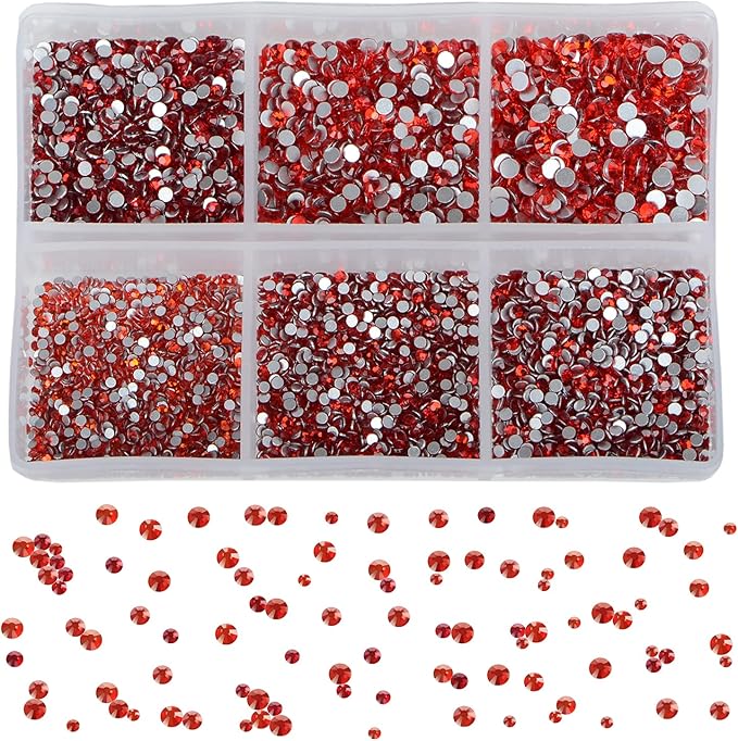 Bymitel 7200 Pieces 6 Mixed Sizes Glue Fix on Glass Rhinestones Round Crystal Gems Flatback for DIY Jewelry Making with one Picking Pen (6-Sizes 7200PCS, Siam)