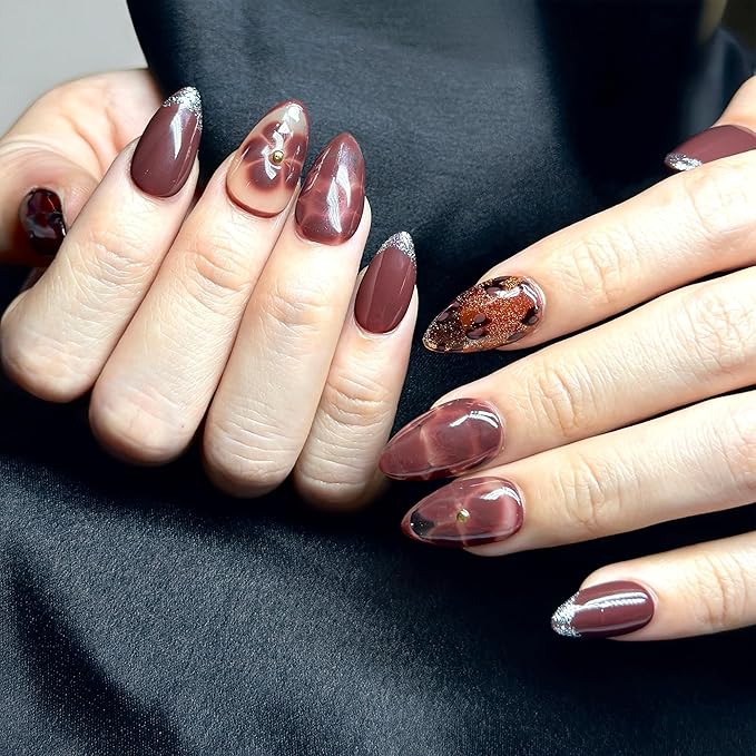 Press On Nails Short Almond Brown Marble & Leopard Nail Art with French Tip | Reusable Soft Gel Nails in 15 Sizes -30 Nail Kit with Glue | Designed in L.A, Handmade in Vietnam| Chocolate Kiss