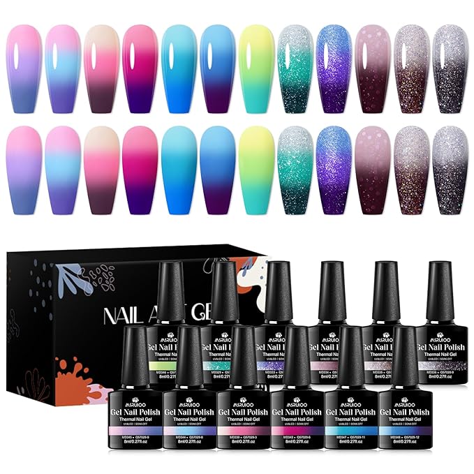 Color Changing Gel Nail Polish Set 12 Colors Temperature Mood Changed Glitter Gel Polish Soak Off UV/LED Nail Art Design Kit Gifts for Women Girls