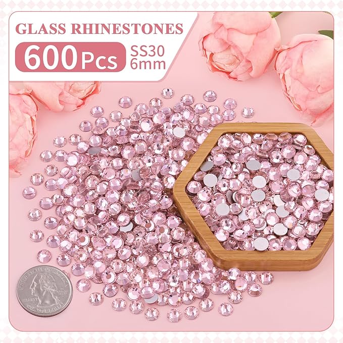 600PCS SS30/6mm Crystal Rhinestones (Light Pink) with 2Pcs 10ml B7000 Jewelry Glue, Bedazzling Flatback Glass Rhinestones for Crafting, Gems Diomand Charms for Tumbler Shoes Clothing Mugs Nail Art