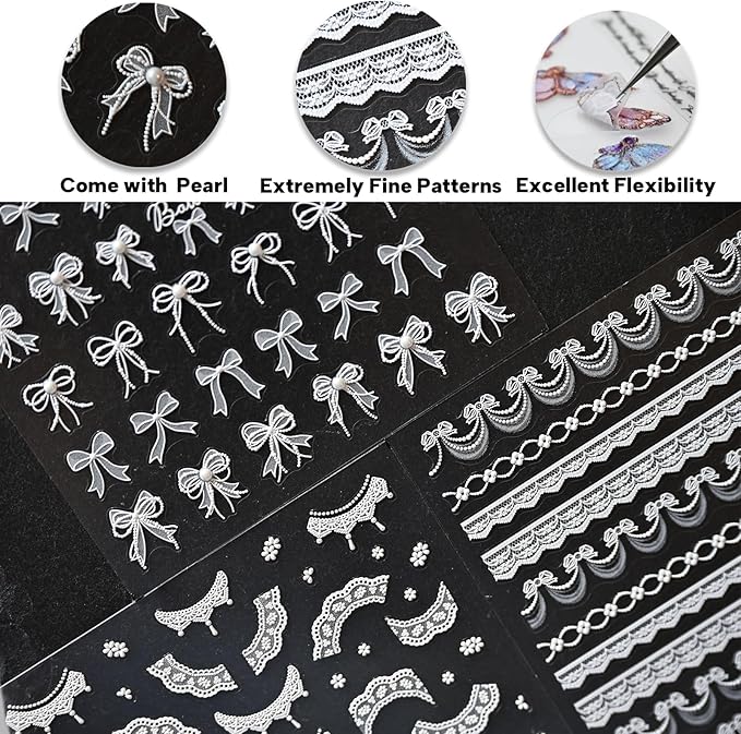 White Bow Lace Nail Art Stickers 5D Embossed Pearl Nail Decals for Nail Art Design Self-Adhesive Nail Accessories for Women Nail Art Supplies 3 Sheets