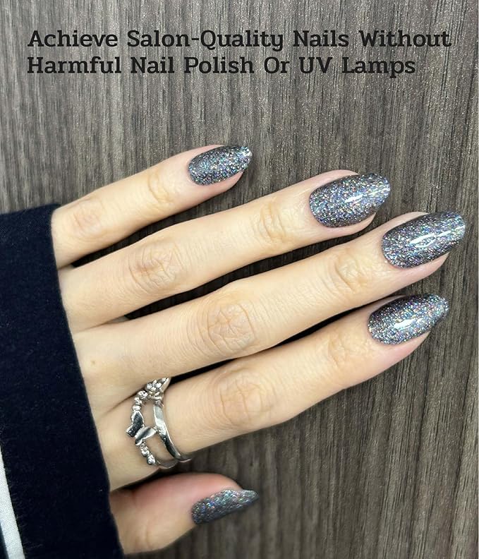Nail Polish Strips (No UV Lamp Needed) - 22 Pcs Salon Quality Gel Nail Stickers - Long Lasting Wraps (Mystery Black Glitter)