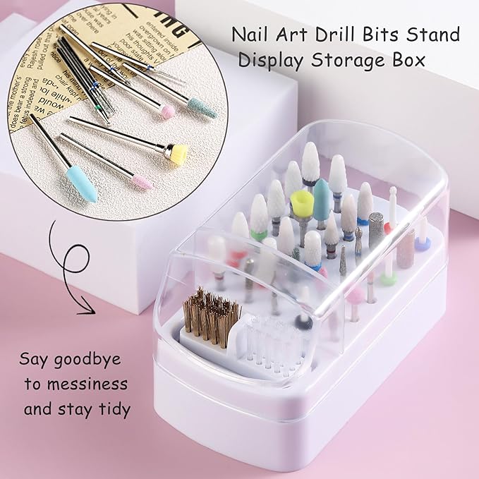 Nail Bit Holder & Nail Drill Bit Cleaner 2 in 1, 30 Holes Nail Drill Holder Organizer Nail Bit Brush Cleaner Drill Bit Holder for Nails Dustproof Stand Displayer Storage Box Tools-White