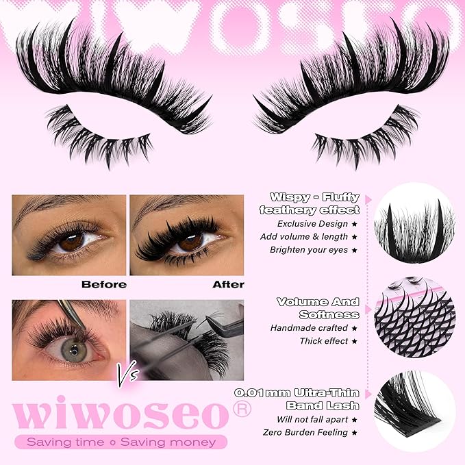 wiwoseo Fluffy Lash Clusters with Spikes Lash Clusters Kit Volume Lash Spikes Cluster Eyelash Extensions Kit 200D Fluffy Eyelash Clusters Spiky Bottom Cluster Lashes Clusters with Lash Bond and Seal