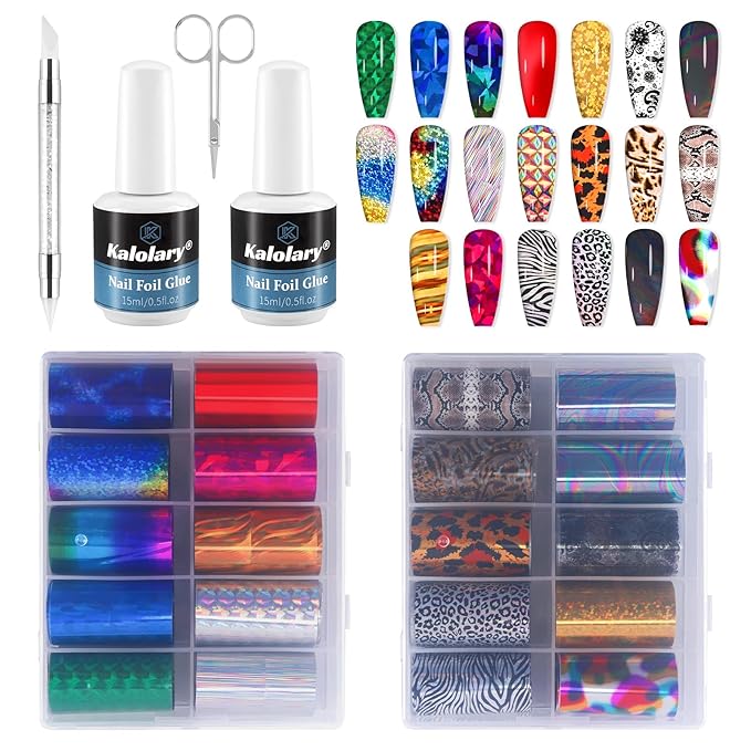 Kalolary 30ML Nail Foil Glue Gel with 20Pcs Foil Transfer Stickers Set, Laser Leopard Transfer Stickers DIY Decoration for Salon or Home Use