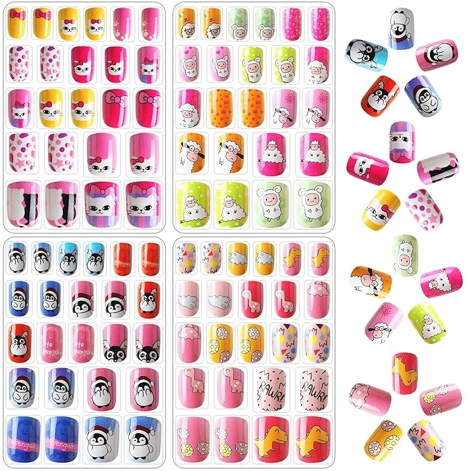 JANYUN 96 Pcs False Nails Fake Nails for Kids Full Cover Short False Nails Children Nails Lovely Gift for Kids