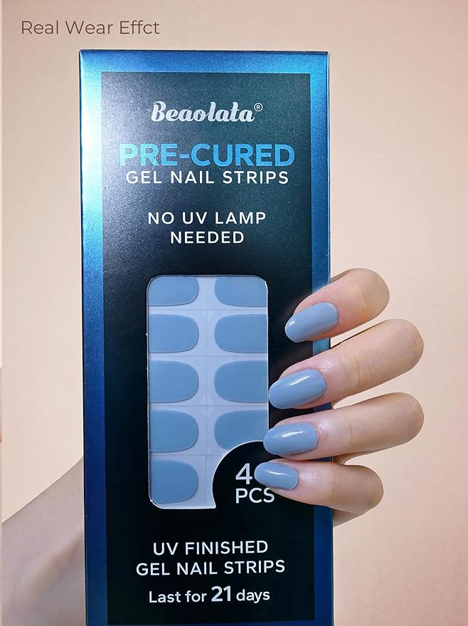 Pre Cured Gel Nail Strips - 44PCS Salon Quality Gel Nail Stickers - Long Lasting Polish Wraps for Women no UV Light Needed Easy Apply & Remove (Lily Blue)