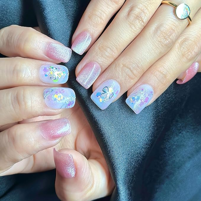 Handmade Press On Nails Short Square Cat Eye in Light Pink with Glitter Floral Details & More. Reusable Nails (15 Sizes, 30 Nails + Glue) | Designed in L.A, Made in Vietnam | Sparkling Romance