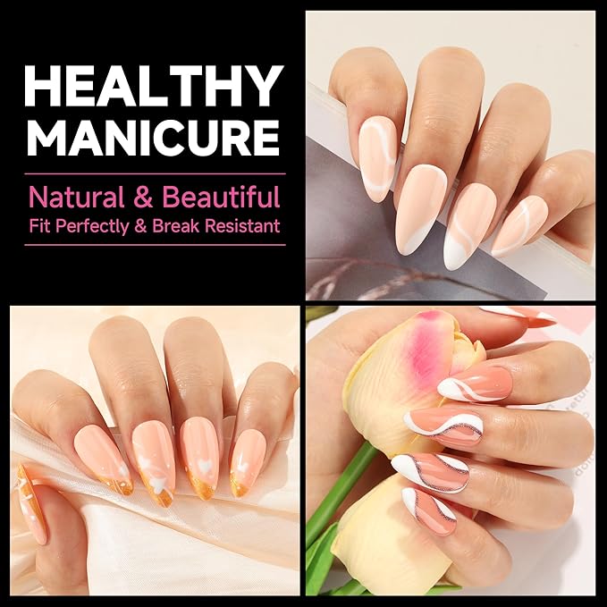 UNA GELLA Almond Fake Gel Nail Tips, 216pcs Medium Almond Pre Shaped Nails Tips for Long-Lasting Acrylic Nails, Perfect for DIY At Home French Style Nail Salon 12 Sizes