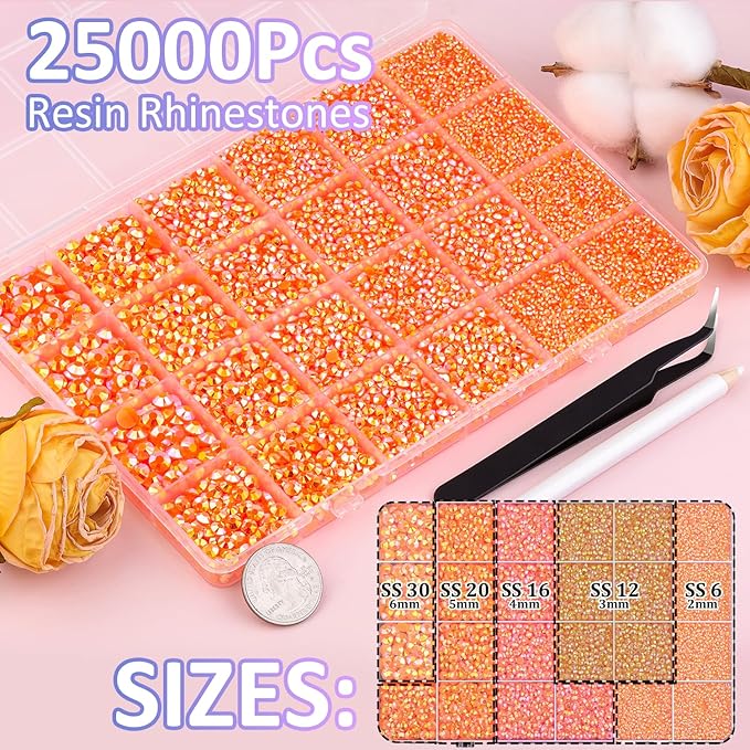 25000Pcs Resin Rhinestones for Crafting, Orange AB 2-6mm Mixed Sizes Non Hotfix Flatback Gems with 1Pcs Glue, Bedazzling Crystal for DIY Craft Clothing Mugs Tumblers Shoes Fabric Decor Nail Art