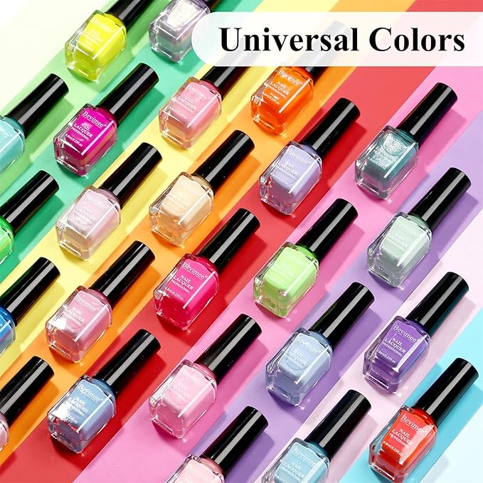 Regular Nail Polish Set: 24 Colors Neon Quick Dry Fingernail Polish Non Gel Bulk Nude Pink Red Green Blue Long Lasting French Nail Art DIY Home Gift Set for Women