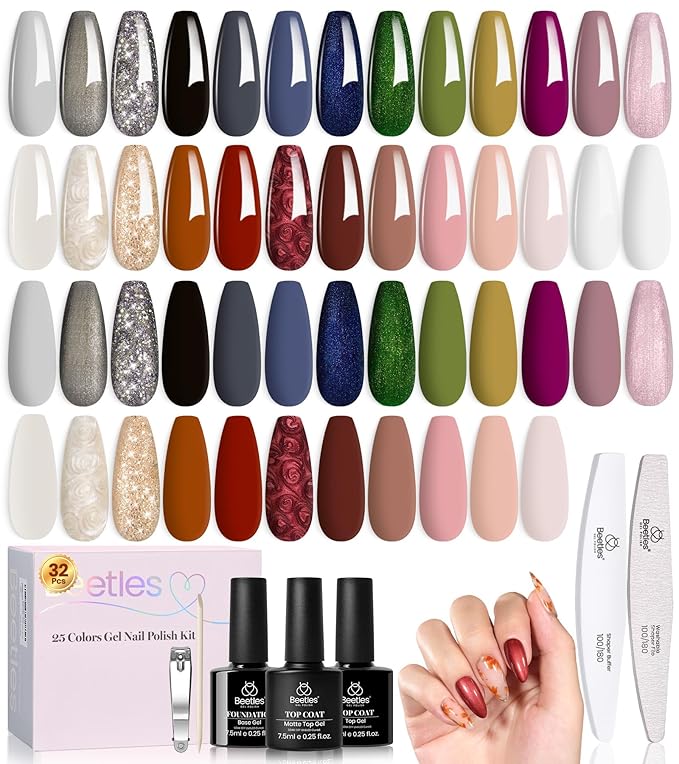 beetles Gel Polish Set - Gel Nail Polish Kit Gilded Veil 25 Colors Black White Burgundy Blue Nude Grey Green Glitters UV Led Nail Polish with Top Base Coat Soak off Nail Art Gift for Women