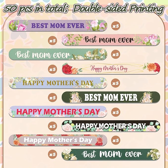 Therwen 50 Pcs Mother's Day Gifts Bulk Floral Christian Nail File Small Mom Women Church Gift Bulk Double Sided Emery Board Nail Files Manicure Tools for Mother's Day Party Supplies