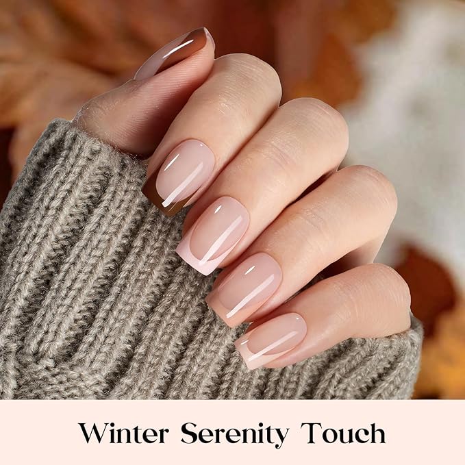Beetles French Tip Press On Nails - Mocca Mousse French | 7 Colors Short Square Press On Nails Brown | 16 Sizes 224 Pcs Natural Salon Quality For Winter Nails