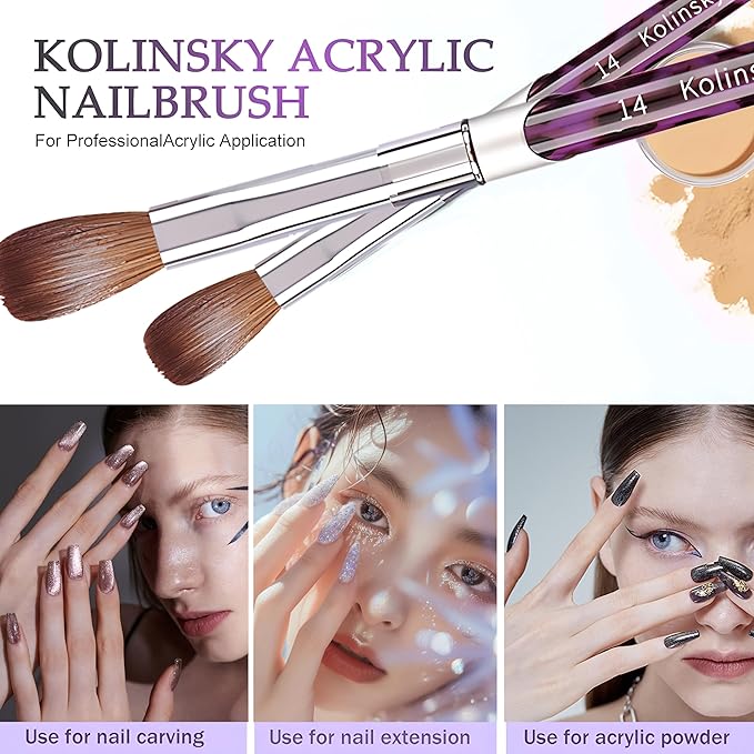 Acrylic Nail Brush Size 16, 100% Kolinsky 3D Art Nail Brush with Purple Leopard Print Metal Handles, Art Design Powder Nail Brush Pen for Nails Extension & Carving, Acrylic Application Tools
